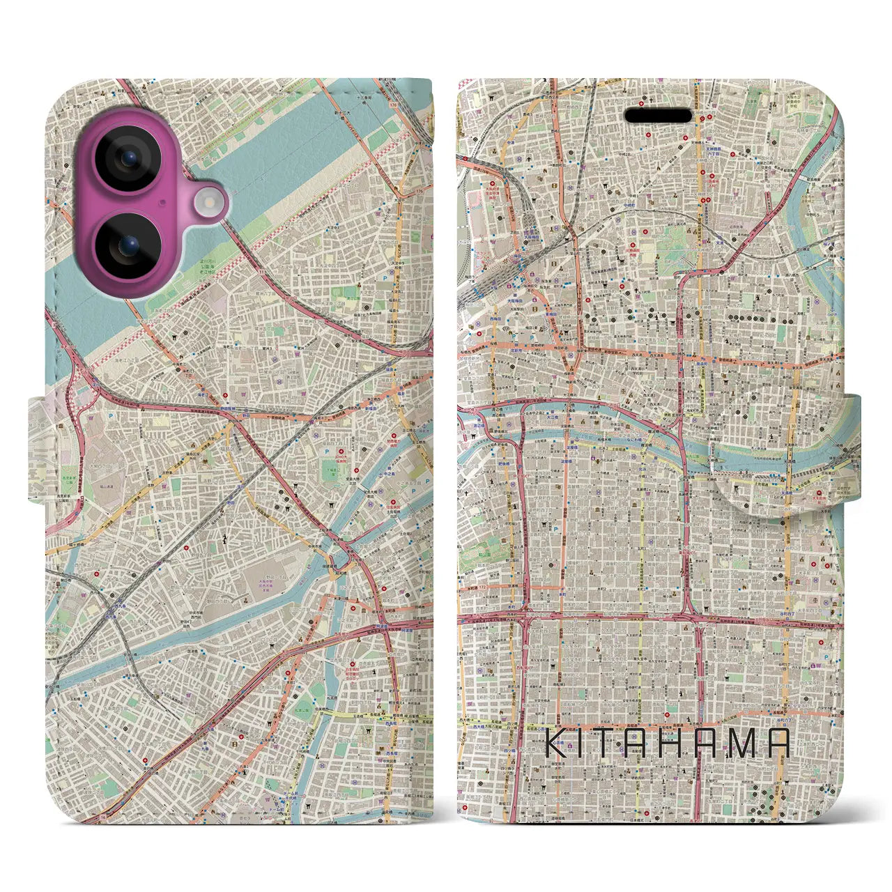 【北浜（大阪府）】地図柄iPhoneケース（手帳タイプ）ナチュラル・iPhone 16 Pro 用