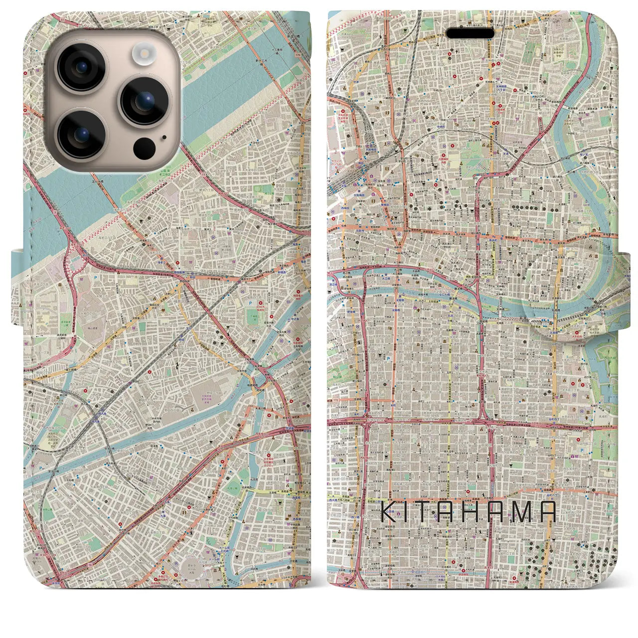 【北浜（大阪府）】地図柄iPhoneケース（手帳タイプ）ナチュラル・iPhone 16 Plus 用