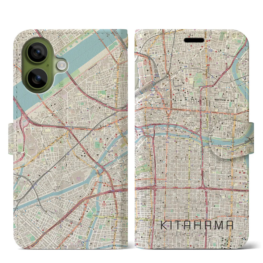 【北浜（大阪府）】地図柄iPhoneケース（手帳タイプ）モノトーン・iPhone 17 Pro Max 用