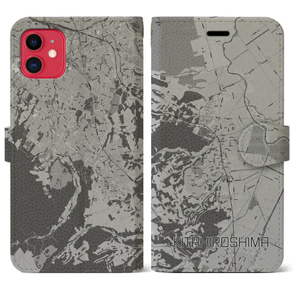 【北広島（広島県）】地図柄iPhoneケース（手帳タイプ）モノトーン・iPhone 11 用