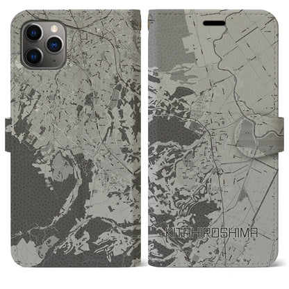 【北広島（広島県）】地図柄iPhoneケース（手帳タイプ）モノトーン・iPhone 11 Pro Max 用