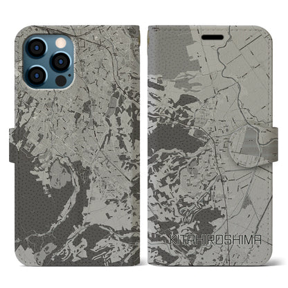 【北広島（広島県）】地図柄iPhoneケース（手帳タイプ）モノトーン・iPhone 12 / 12 Pro 用