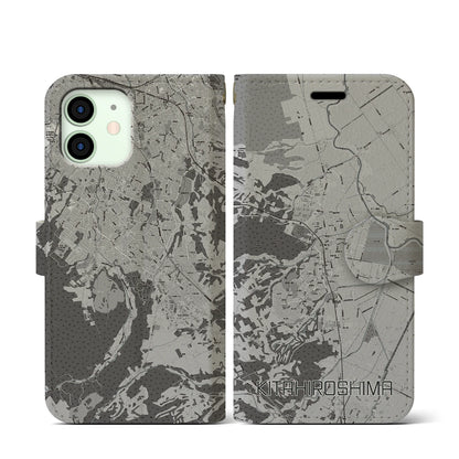 【北広島（広島県）】地図柄iPhoneケース（手帳タイプ）モノトーン・iPhone 12 mini 用
