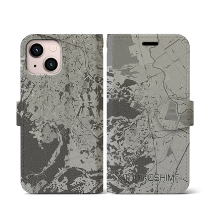 【北広島（広島県）】地図柄iPhoneケース（手帳タイプ）モノトーン・iPhone 13 mini 用