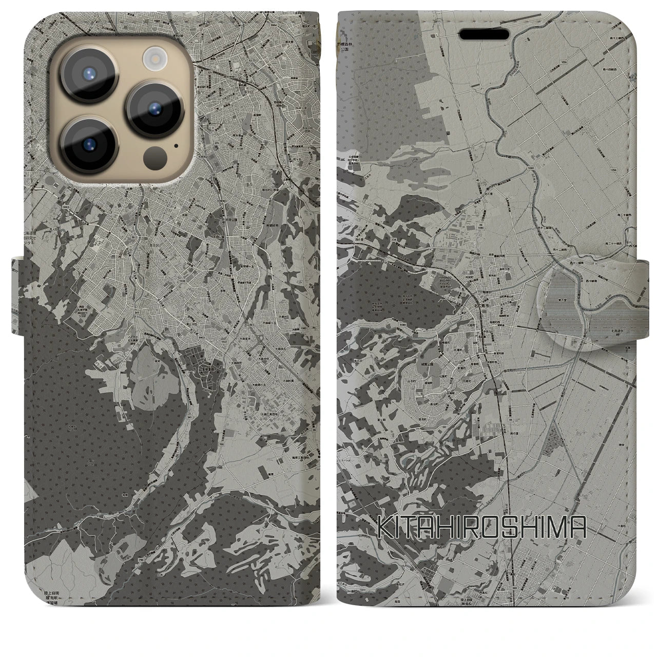 【北広島（広島県）】地図柄iPhoneケース（手帳両面タイプ・モノトーン）iPhone 14 Pro Max 用