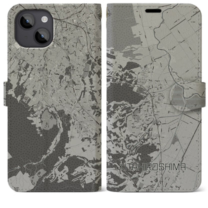 【北広島（広島県）】地図柄iPhoneケース（手帳タイプ）モノトーン・iPhone 14 Plus 用