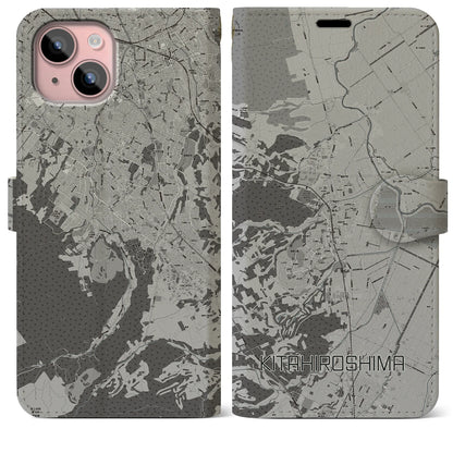 【北広島（広島県）】地図柄iPhoneケース（手帳タイプ）モノトーン・iPhone 15 Plus 用