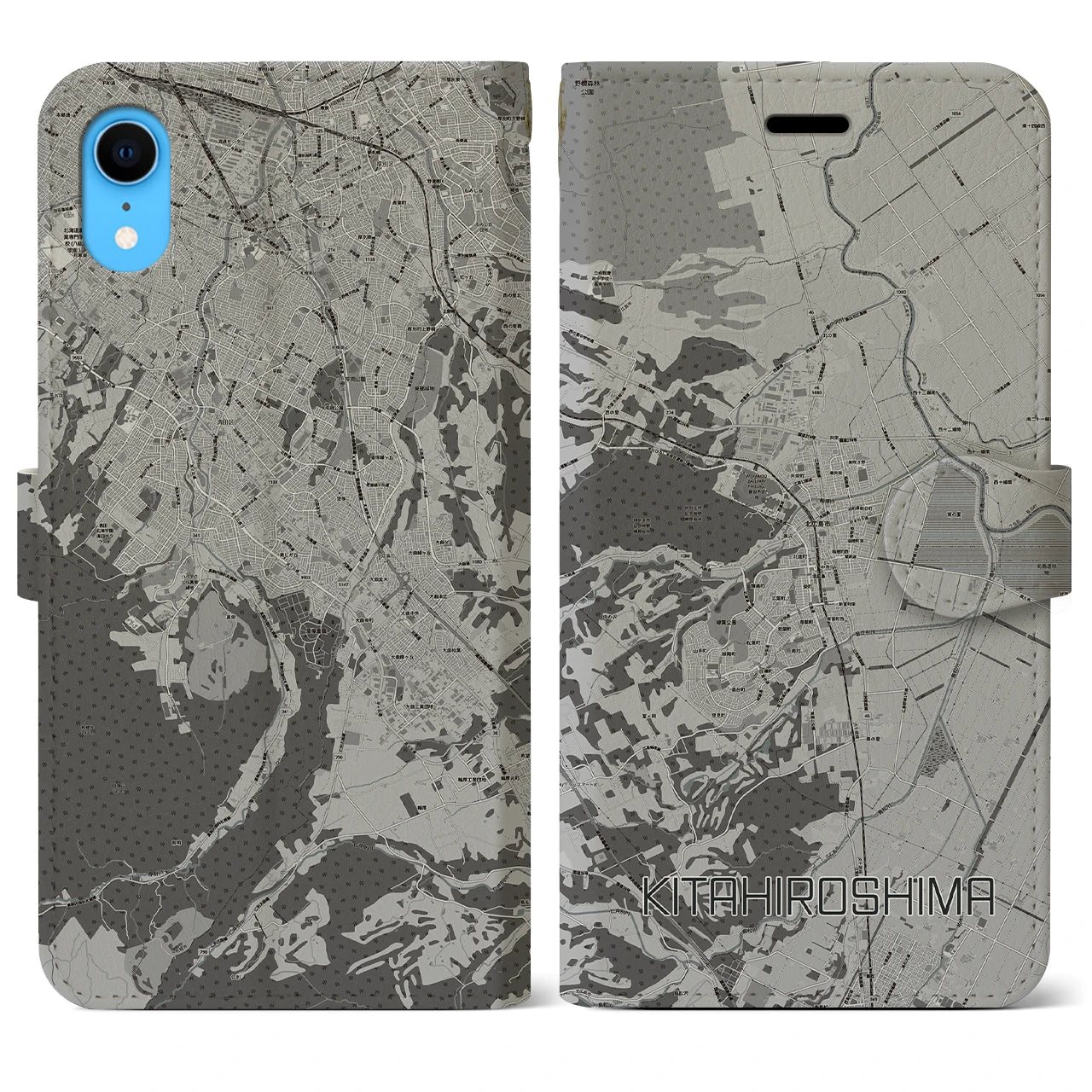 【北広島（広島県）】地図柄iPhoneケース（手帳両面タイプ・モノトーン）iPhone XR 用
