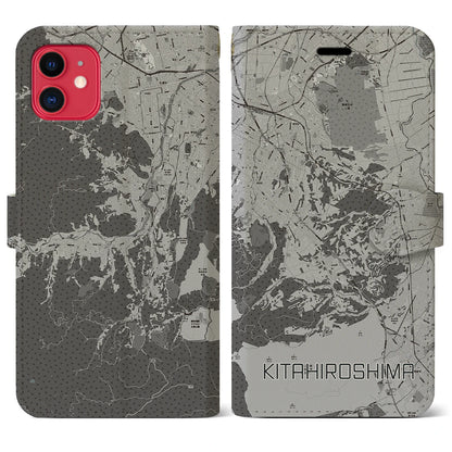 【北広島2（北海道）】地図柄iPhoneケース（手帳タイプ）モノトーン・iPhone 11 用
