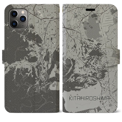 【北広島2（北海道）】地図柄iPhoneケース（手帳タイプ）モノトーン・iPhone 11 Pro Max 用