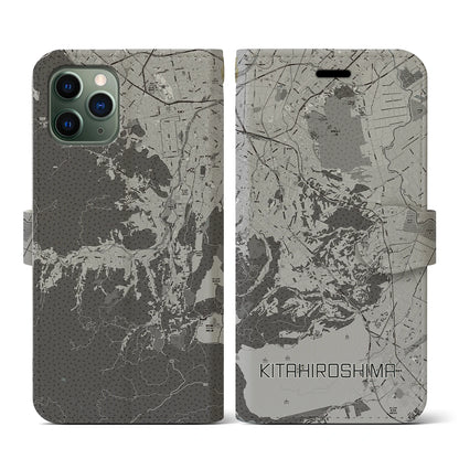 【北広島2（北海道）】地図柄iPhoneケース（手帳タイプ）モノトーン・iPhone 11 Pro 用