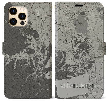 【北広島2（北海道）】地図柄iPhoneケース（手帳タイプ）モノトーン・iPhone 12 Pro Max 用