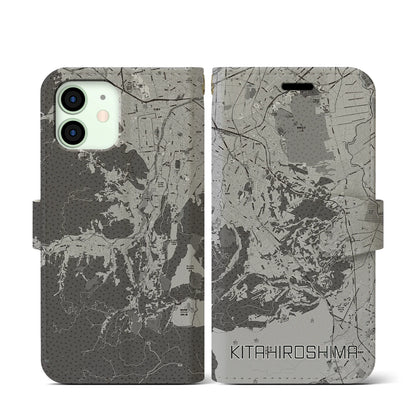 【北広島2（北海道）】地図柄iPhoneケース（手帳タイプ）モノトーン・iPhone 12 mini 用