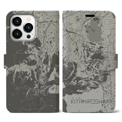 【北広島2（北海道）】地図柄iPhoneケース（手帳タイプ）モノトーン・iPhone 13 Pro 用