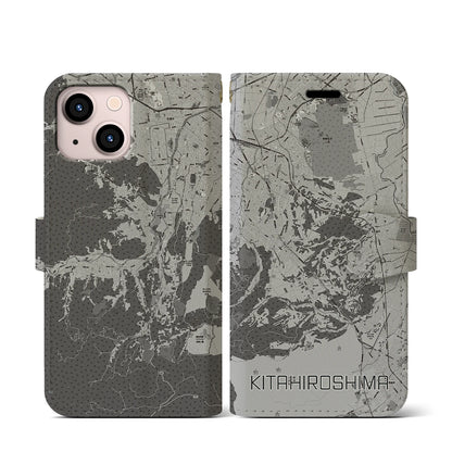 【北広島2（北海道）】地図柄iPhoneケース（手帳タイプ）モノトーン・iPhone 13 mini 用