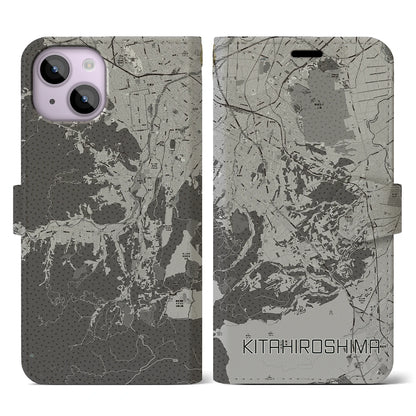 【北広島2（北海道）】地図柄iPhoneケース（手帳タイプ）モノトーン・iPhone 14 用