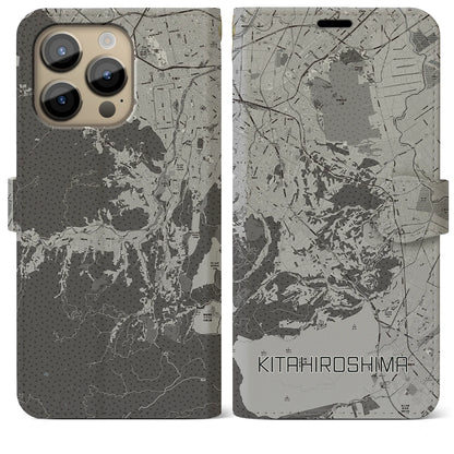 【北広島2（北海道）】地図柄iPhoneケース（手帳タイプ）モノトーン・iPhone 14 Pro Max 用