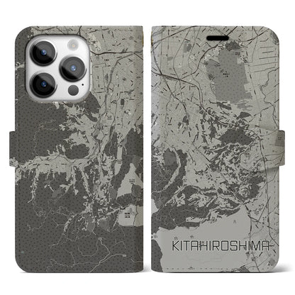 【北広島2（北海道）】地図柄iPhoneケース（手帳タイプ）モノトーン・iPhone 14 Pro 用