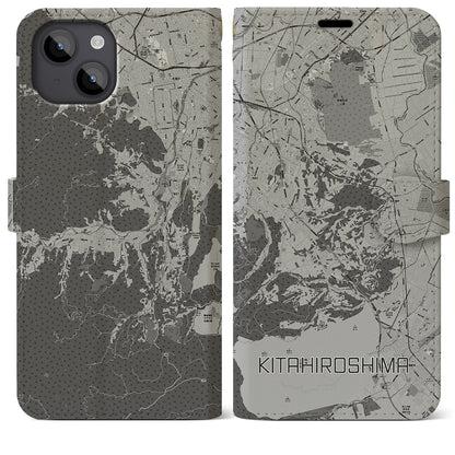 【北広島2（北海道）】地図柄iPhoneケース（手帳タイプ）モノトーン・iPhone 14 Plus 用