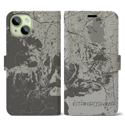 【北広島2（北海道）】地図柄iPhoneケース（手帳タイプ）モノトーン・iPhone 15 用