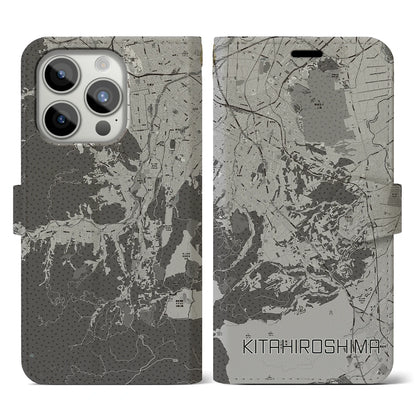 【北広島2（北海道）】地図柄iPhoneケース（手帳タイプ）モノトーン・iPhone 15 Pro 用