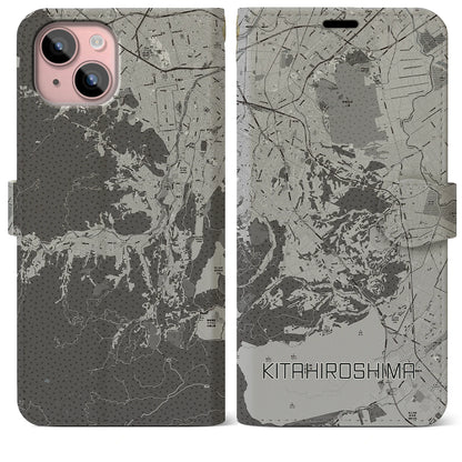 【北広島2（北海道）】地図柄iPhoneケース（手帳タイプ）モノトーン・iPhone 15 Plus 用