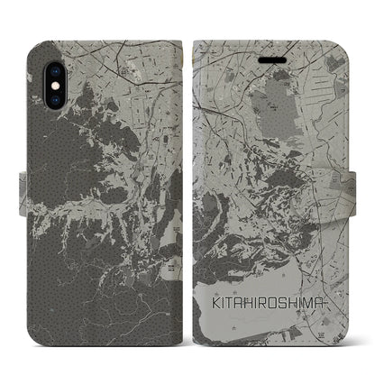 【北広島2（北海道）】地図柄iPhoneケース（手帳タイプ）モノトーン・iPhone XS / X 用