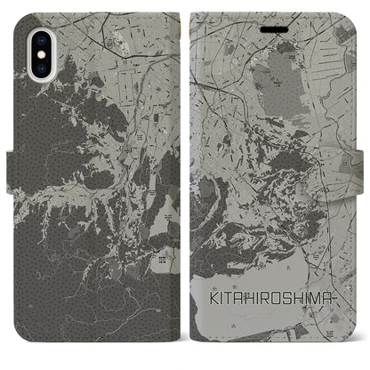 【北広島2（北海道）】地図柄iPhoneケース（手帳タイプ）モノトーン・iPhone XS Max 用