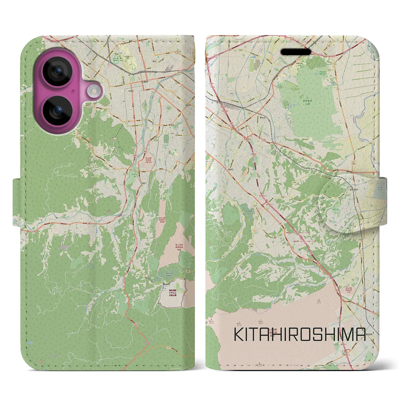 【北広島2（北海道）】地図柄iPhoneケース（手帳タイプ）ナチュラル・iPhone 16 Pro 用