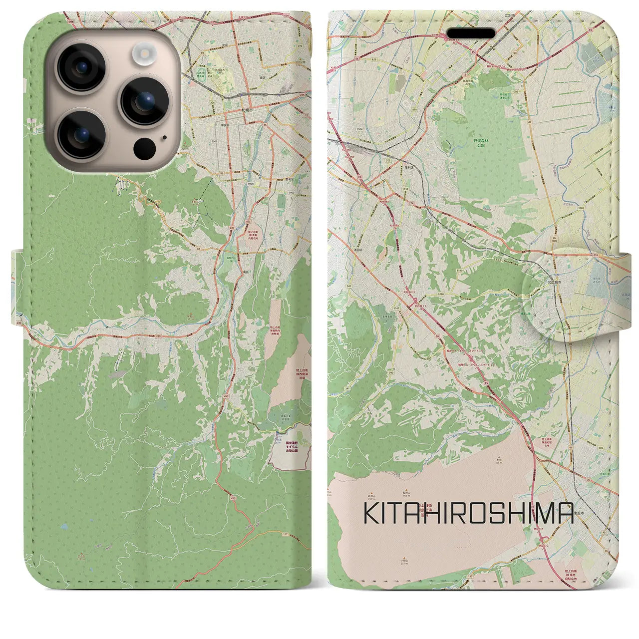 【北広島2（北海道）】地図柄iPhoneケース（手帳タイプ）ナチュラル・iPhone 16 Plus 用