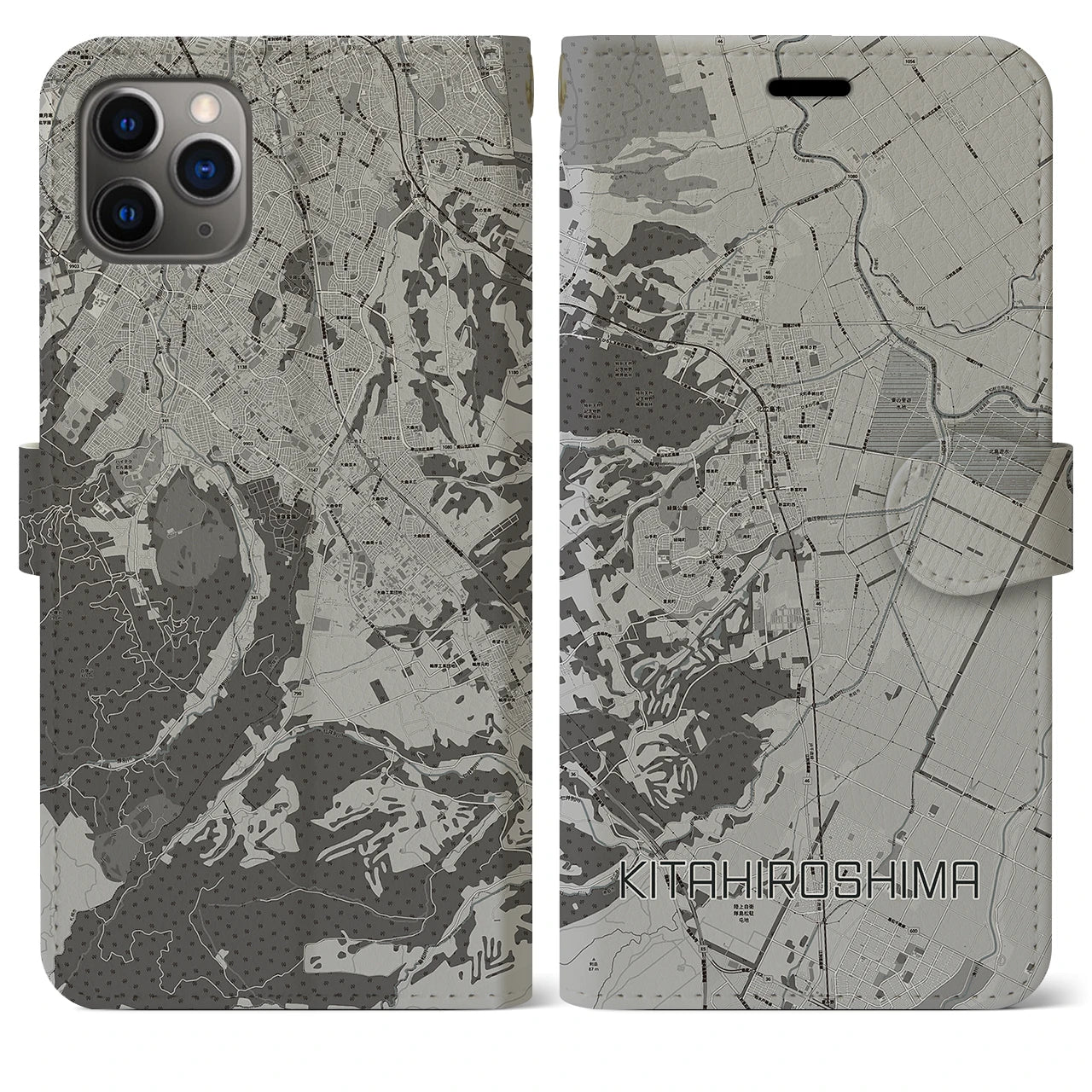 【北広島】地図柄iPhoneケース（手帳両面タイプ・モノトーン）iPhone 11 Pro Max 用