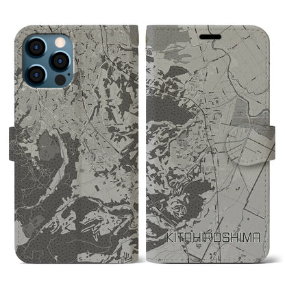 【北広島（北海道）】地図柄iPhoneケース（手帳タイプ）モノトーン・iPhone 12 / 12 Pro 用