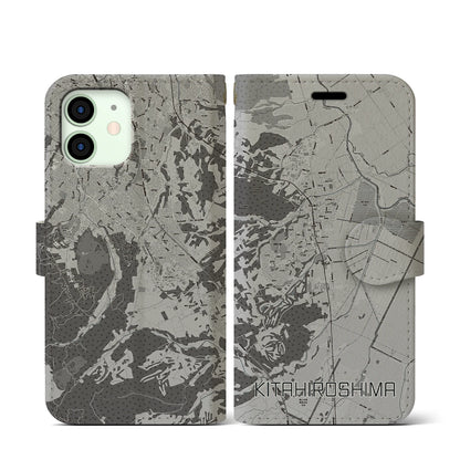 【北広島（北海道）】地図柄iPhoneケース（手帳タイプ）モノトーン・iPhone 12 mini 用