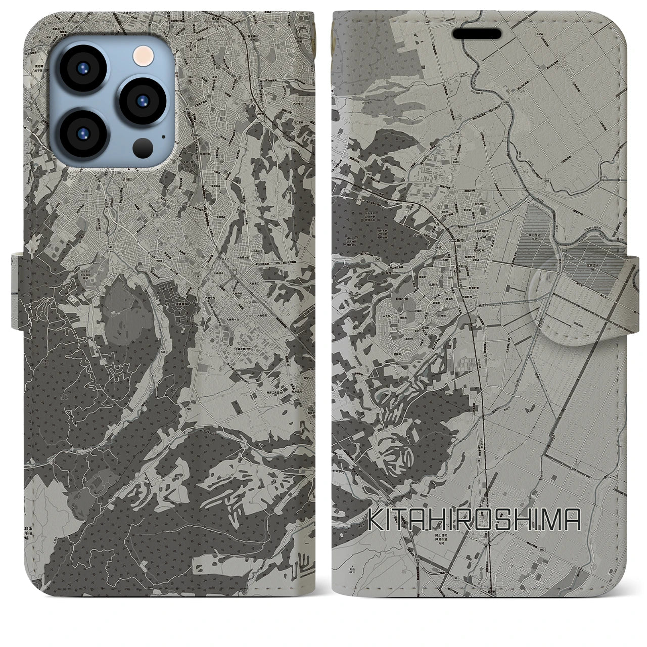 【北広島】地図柄iPhoneケース（手帳両面タイプ・モノトーン）iPhone 13 Pro Max 用