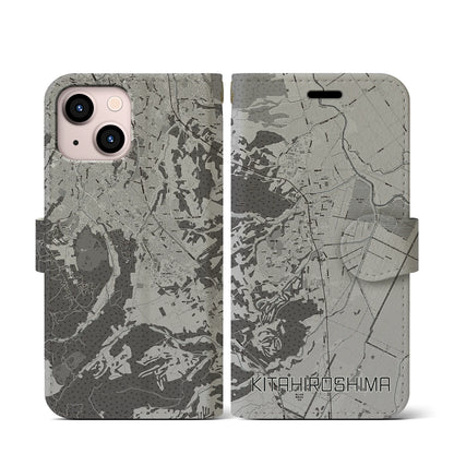 【北広島（北海道）】地図柄iPhoneケース（手帳タイプ）モノトーン・iPhone 13 mini 用