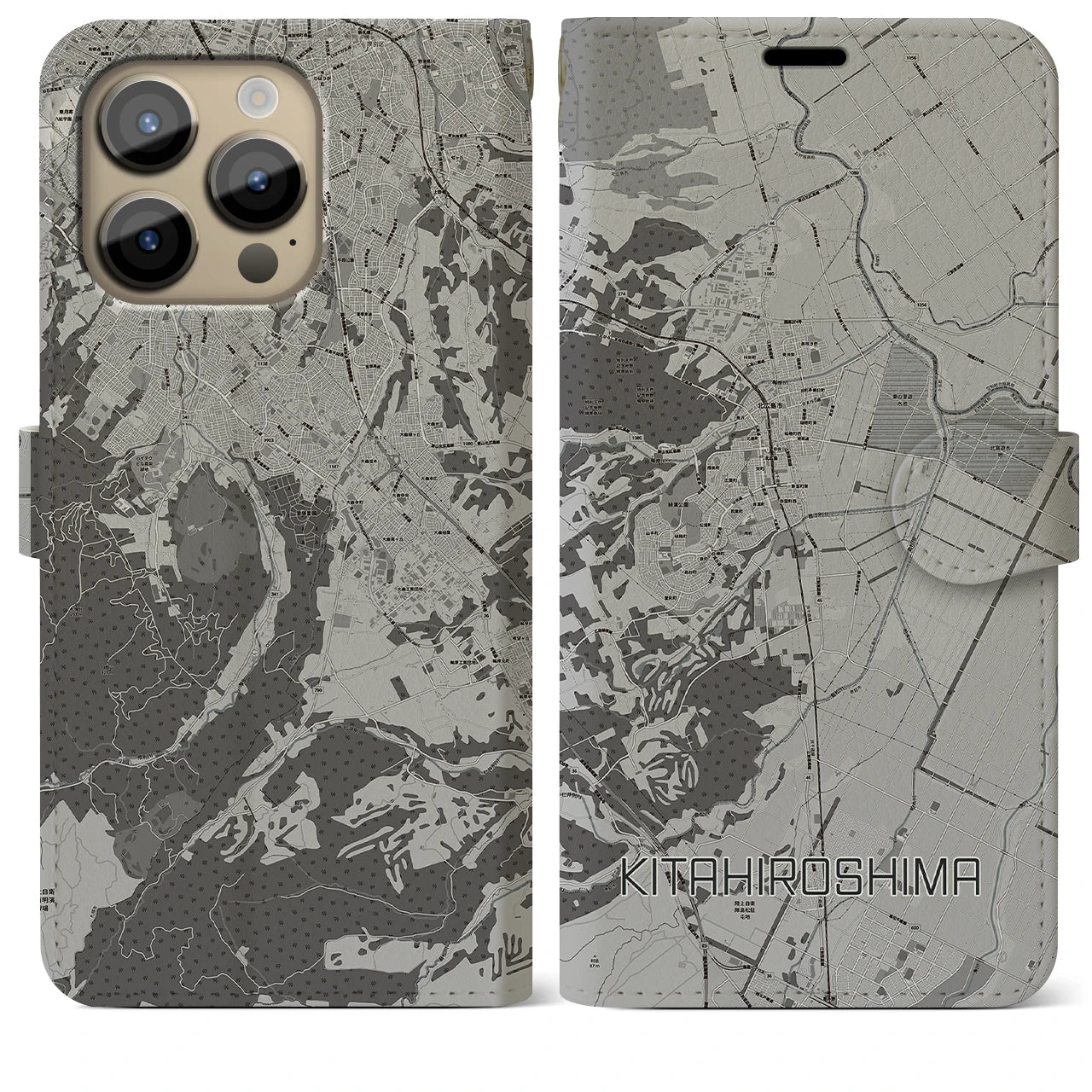 【北広島】地図柄iPhoneケース（手帳両面タイプ・モノトーン）iPhone 14 Pro Max 用
