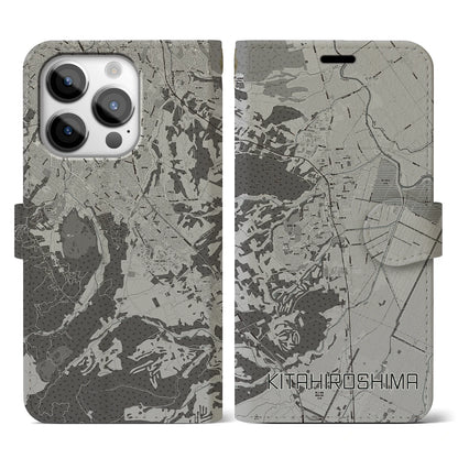 【北広島（北海道）】地図柄iPhoneケース（手帳タイプ）モノトーン・iPhone 14 Pro 用