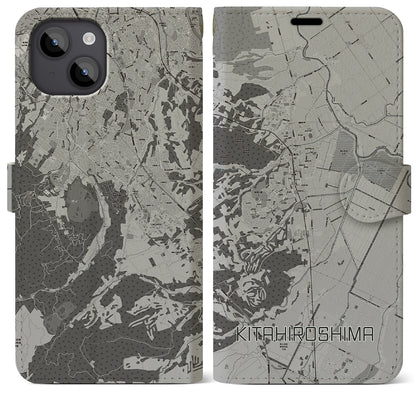 【北広島（北海道）】地図柄iPhoneケース（手帳タイプ）モノトーン・iPhone 14 Plus 用