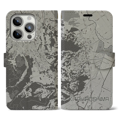 【北広島（北海道）】地図柄iPhoneケース（手帳タイプ）モノトーン・iPhone 15 Pro 用