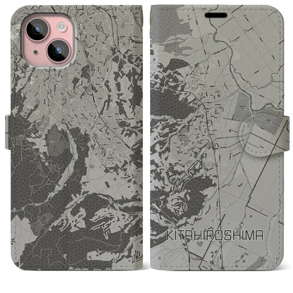 【北広島（北海道）】地図柄iPhoneケース（手帳タイプ）モノトーン・iPhone 15 Plus 用