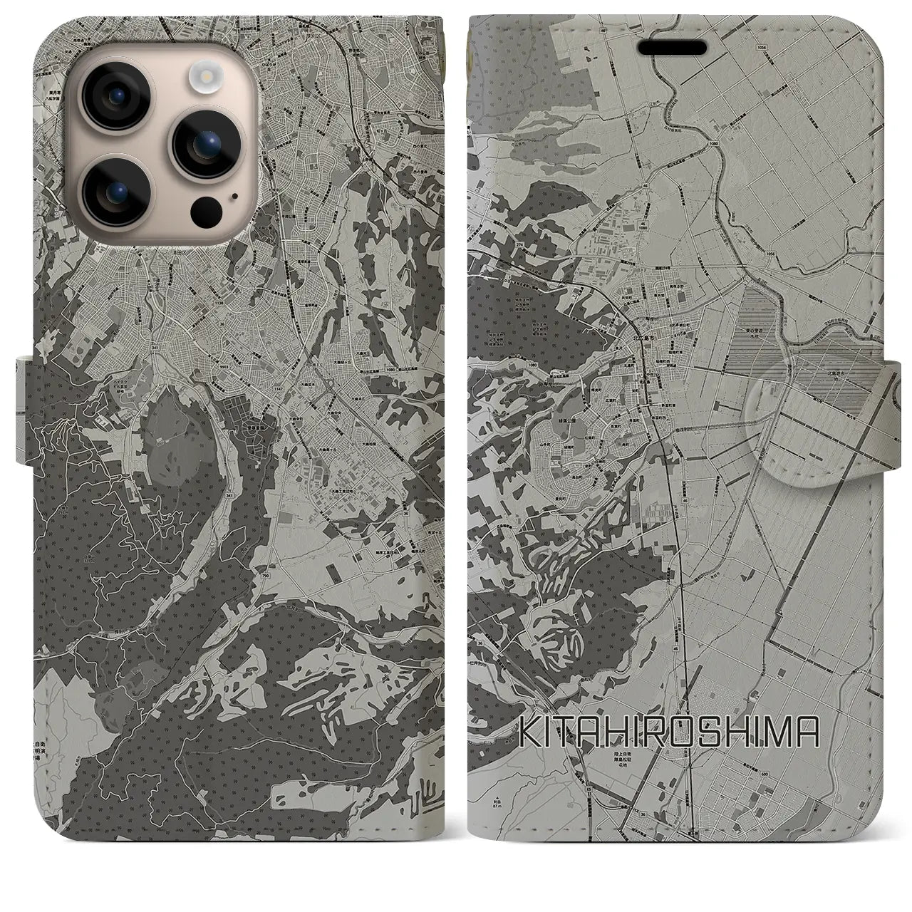 【北広島（北海道）】地図柄iPhoneケース（手帳タイプ）モノトーン・iPhone 16 Plus 用