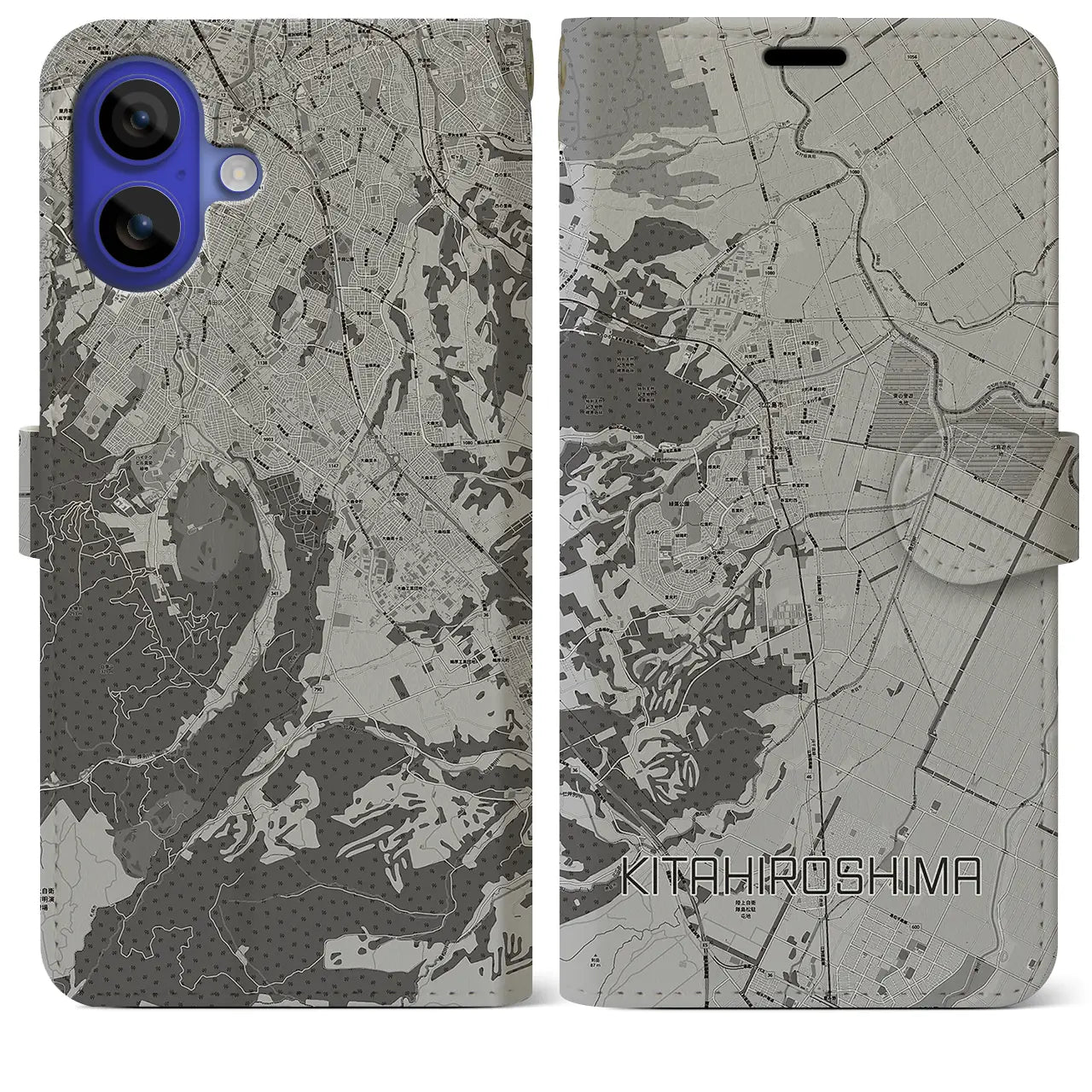 【北広島（北海道）】地図柄iPhoneケース（手帳タイプ）モノトーン・iPhone 16 Pro Max 用