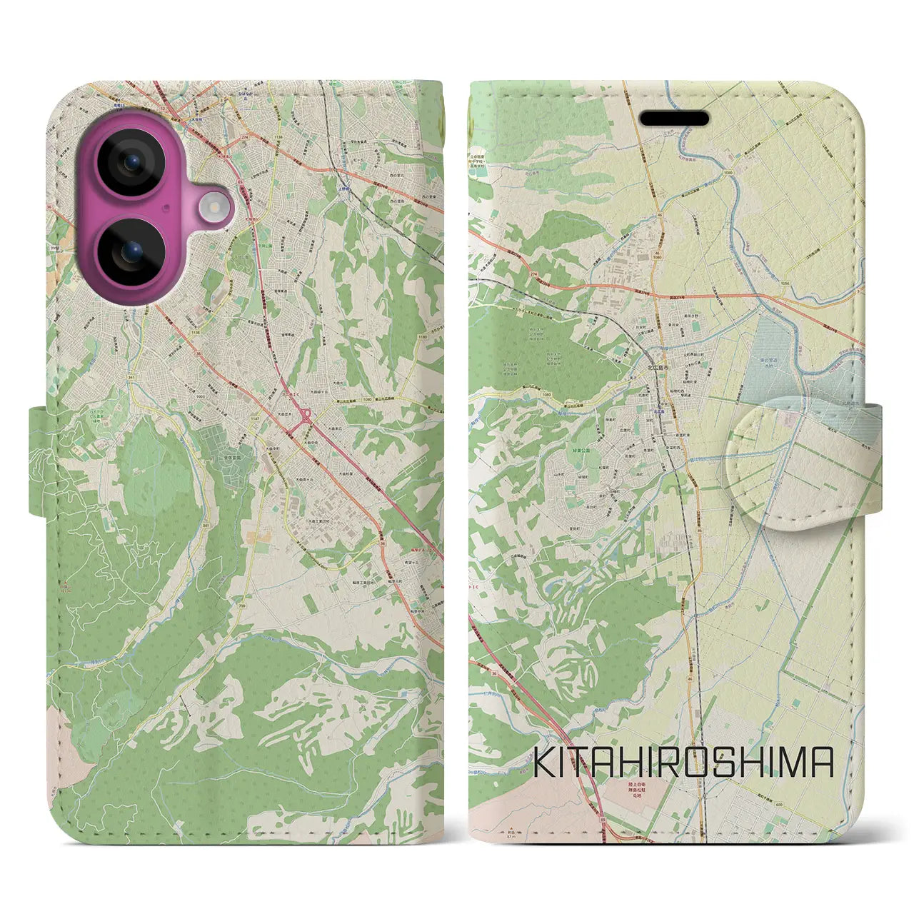 【北広島（北海道）】地図柄iPhoneケース（手帳タイプ）ナチュラル・iPhone 16 Pro 用