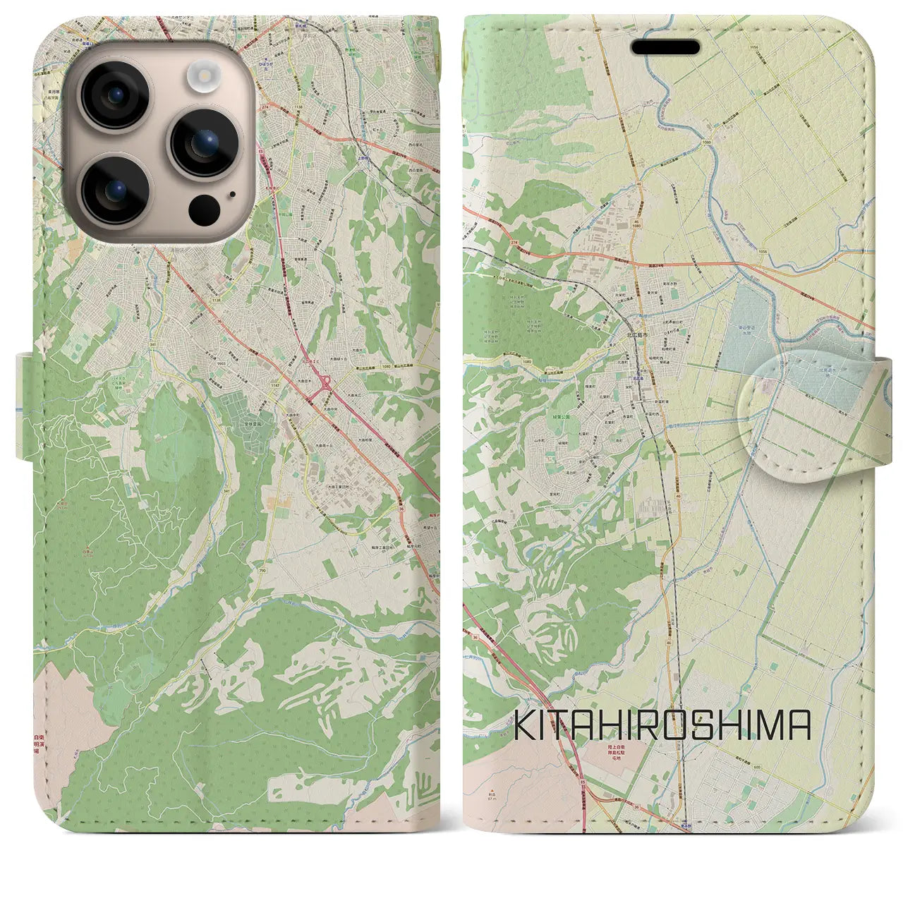 【北広島（北海道）】地図柄iPhoneケース（手帳タイプ）ナチュラル・iPhone 16 Plus 用