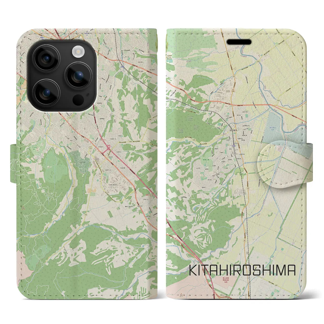 【北広島（北海道）】地図柄iPhoneケース（手帳タイプ）ナチュラル・iPhone 16 用