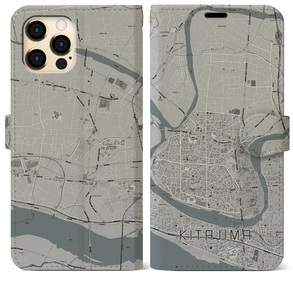 【北島（徳島県）】地図柄iPhoneケース（手帳タイプ）モノトーン・iPhone 12 Pro Max 用