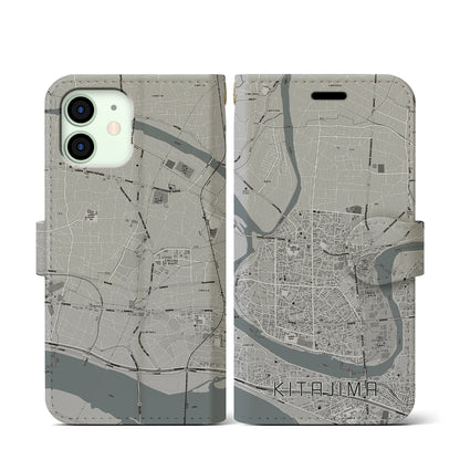 【北島（徳島県）】地図柄iPhoneケース（手帳タイプ）モノトーン・iPhone 12 mini 用