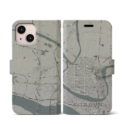 【北島（徳島県）】地図柄iPhoneケース（手帳タイプ）モノトーン・iPhone 13 mini 用