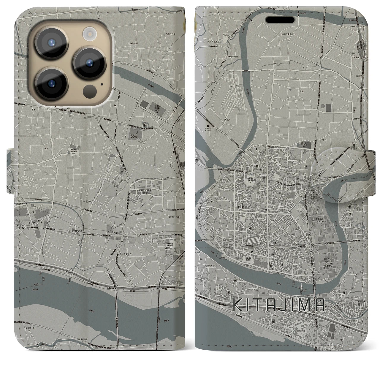 【北島】地図柄iPhoneケース（手帳両面タイプ・モノトーン）iPhone 14 Pro Max 用