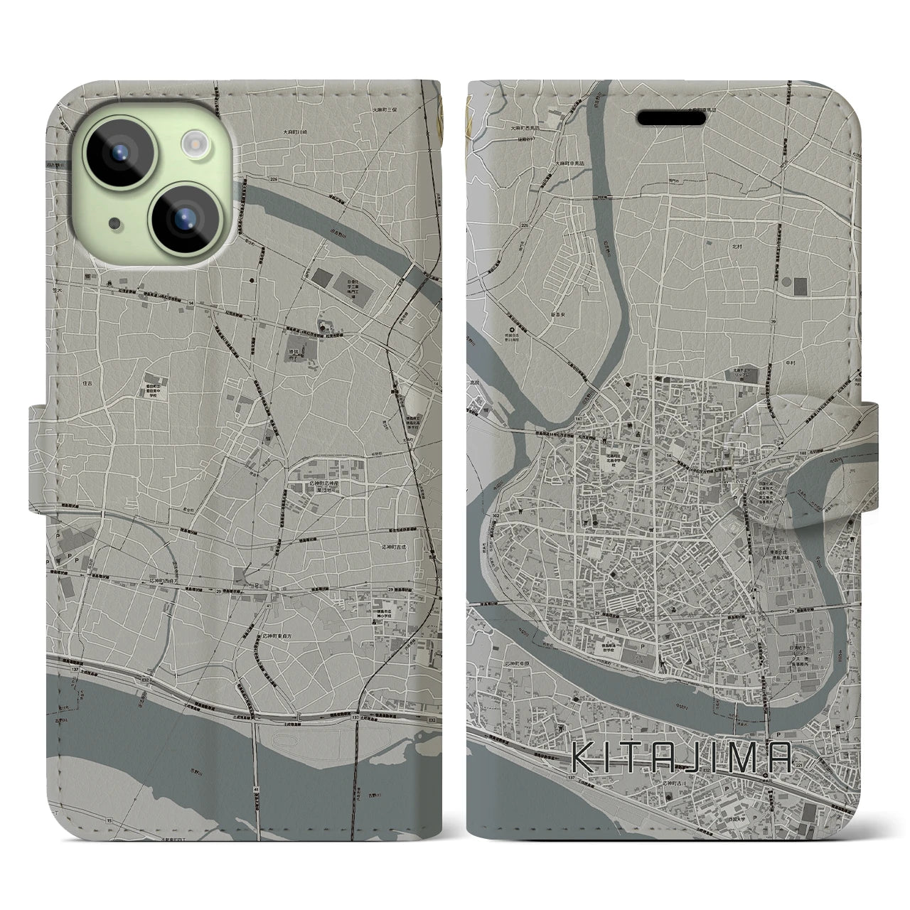 【北島】地図柄iPhoneケース（手帳両面タイプ・モノトーン）iPhone 15 用